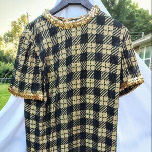 ✨Vintage 80s Gold & Black Sequin Plaid Shift Dress - Glam Party Disco✨